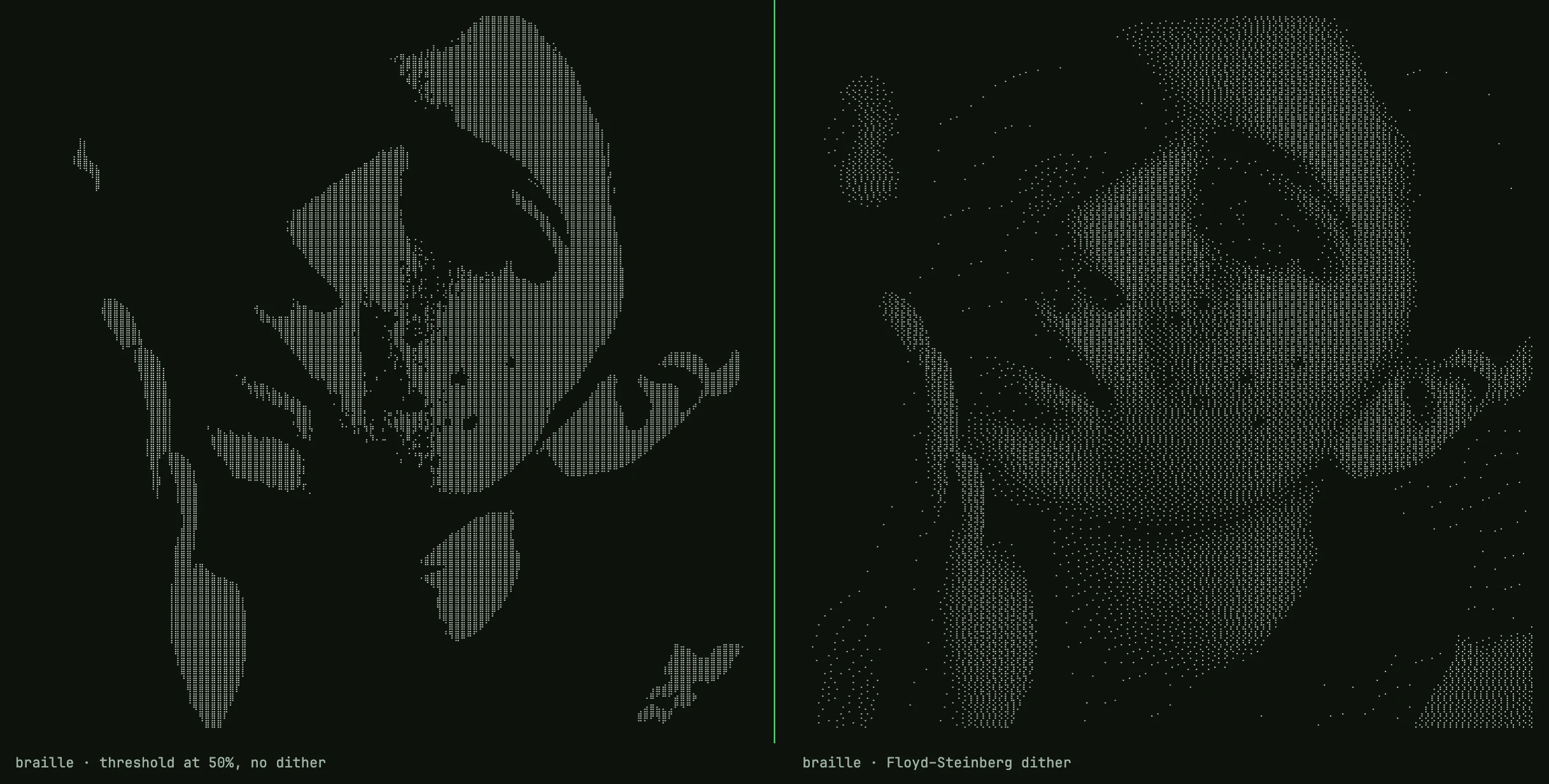 Left: braille thresholded at 50 percent with no dither, flat black and flat white with a hard edge between them. Right: the same photo with Floyd–Steinberg error diffusion, mid-tones rendered as dot density.