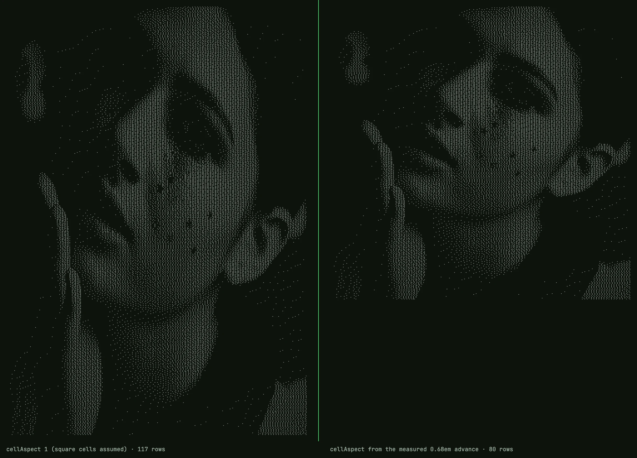 Left: braille rendered with cellAspect 1, 117 rows, the face stretched tall. Right: cellAspect derived from the measured 0.68em advance of the fallback braille font, 80 rows, correct proportions.